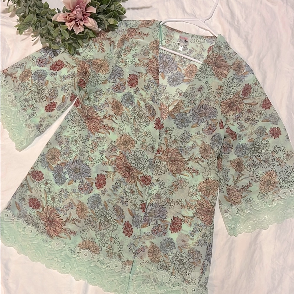 Belle Du Jour Mint Green Floral Lace kimono/cover up